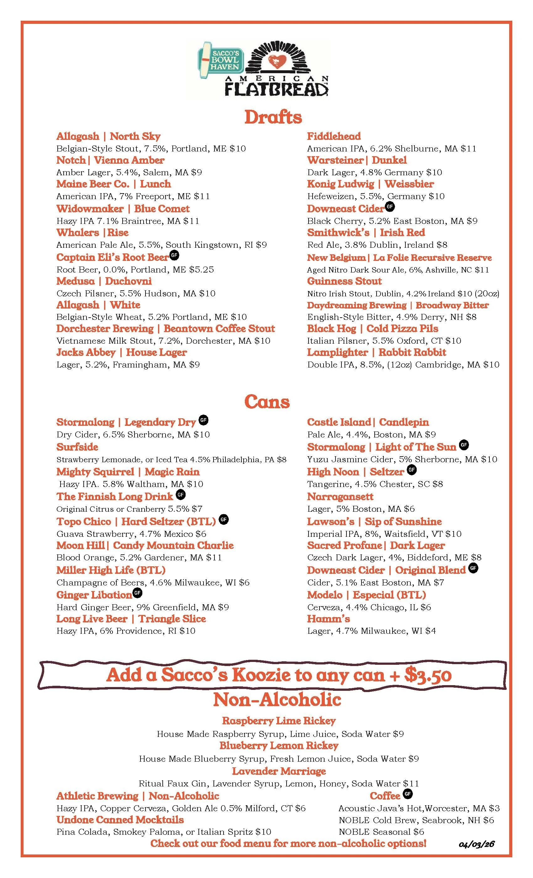 Drink Menu — Sacco's Bowling by American Flatbread